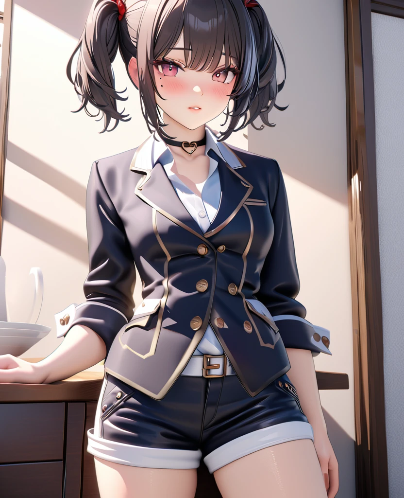 masterpiece, best quality, highly detailed, high resolution, expensive resolution, high resolution, 4K, 8k, uniform 8k wallpaper, highly detailed CG, masterpiece, 2D, 3D, beautiful details, depth, fine texture, best quality: 1.3, perfectly focused, crispy. skin, him, cute anime 20s girl, her name is Mei, idol, expensive brown short twin tails, mole under eye, looking at the viewer, cowboy shorts, expensive, blush, mole, plump lips, heart, pink eyes, heart shaped choker
