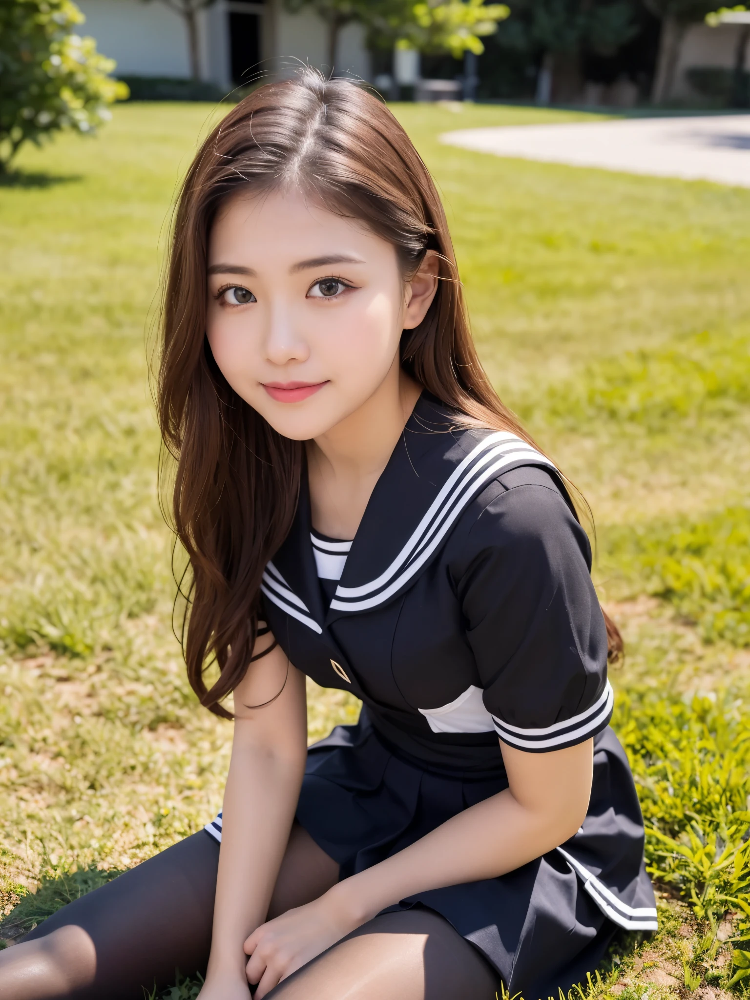 (((masterpiece))), (((Highest quality: 1.4))), ((Very detailed: 1.4)) , ulzzang-6500-v1.1, (RAW Photos:1.2), (Realistic), (Genuine:1.4), Sharp focus、Absurd, Finer details, High resolution, Very detailedな顔と目, Realistic, Textured skin, Anatomically correct, Super realistic in summer uniform, ((Preteen)), 17-year-old girl、Seraphim、seifuku, Color Sailor Uniform, Japan , A seductive smile、Japanのアイドル、Skirt and thighs、Sitting on the lawn、Sitting, (Super realistic black pantyhose:1.3)、 Realistic skin texture,  Makeup, (Detailed Background:1.2),　Glowing Skin、looked back、Bare thighs!!!、