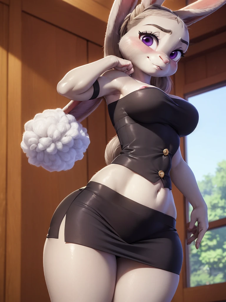 best quality, 
masterpiece, 
3D anime, 
(((solo))), 
(((1girl))), 
(((Face is JudyHopps))), 
(long ears like a rabbit:0.8), 
Heir is in a ((ponytail)) style, 
see-through bangs, 
wispy bangs, 
((Her eyes color is purple)), 
6.5 head and body, 
White blouse outfit, 
office lady, 
tight skirt, 
all buttons are off, 
All buttons are off, 
No sleeve, 
((lace brassiere is completely exposed)), 
stomach is completely exposed, 
Navel is completely exposed, 
Cleavage is completely exposed, 
((shoulder is completely exposed)), 
clavicle is completely exposed, 
Upper abdomen exposed, 
(outfit is made of wool:1.4), 
(((body is made of wool fabric))), 
(((body is gray with fluffy and fluffy))), 
(((skin is wool fabric with fluffy and fluffy))), 
((She is blushing in the cheeks)), 
((clavicle is emphasized)), 
looks like crying,
