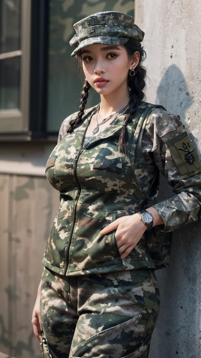 (best quality,4k,8k,highres,masterpiece:1.2), ultra-detailed, (realistic,photorealistic,photo-realistic:1.37), (beautiful detailed eyes, beautiful detailed lips, extremely detailed eyes and face, long eyelashes), studio lighting,physically-based rendering,vivid colors, (big tits, super big, super extra big tits), (camouflage clothing, camouflage cargo pants, shirts, jackets, vests, military boots, combat boots, camouflage hats, helmets, dog tags, military watches, khaki caps, camouflage bags, khaki or camouflage makeup, ponytails or fishtail braids,camouflage print nail art, silver dog tag necklaces or simple earrings, healthy and muscular body shape:1.5)