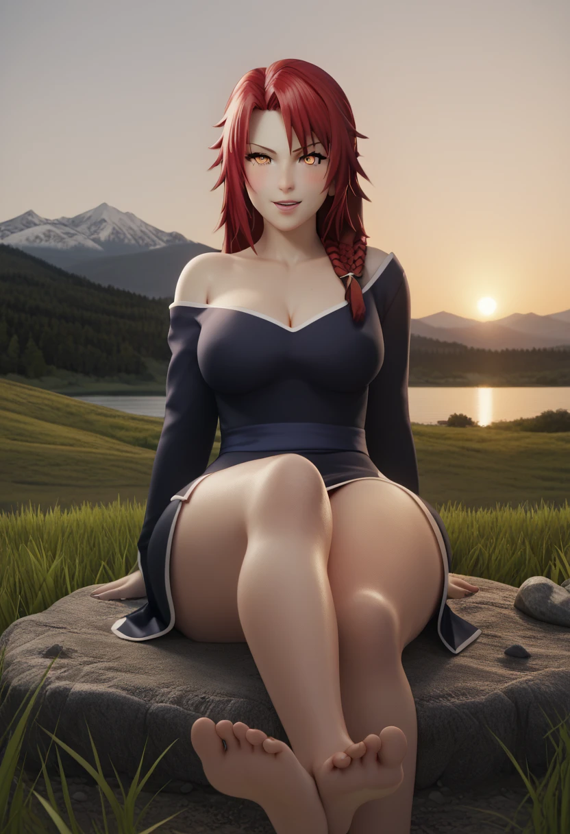 score_9, score_8_up, score_7_up, uncensored, source_anime, iris midgar from the eminence in shadow, 1girl, red hair, long hair, braid, big ass, big breasts, miniskirt, blush, voluptuous, horny, sexy, stocking, 1girl, grass, solo, barefoot, sitting, breasts, mountain, sunset, dress, bare_shoulders, outdoors, looking_at_viewer, off_shoulder, field, sky, lake, collarbone, mountainous_horizon, indian_style, twilight, tree, black_dress, large_breasts, scenery, medium_breasts, feet, off-shoulder_dress, rock, hollow eyes, bright pupils, orange eyes, looking at viewer. heavy breathing, smirk, upper teeth, steaming