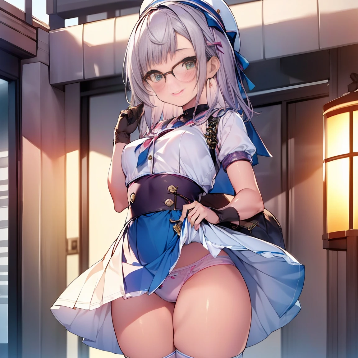 8K、masterpiece、Japanese、Woman wearing glasses、Neon（nod)、from the front、smile、Childish、Small breasts、See-through underwear、night、Bedroom、Show your underwear、mini skirt