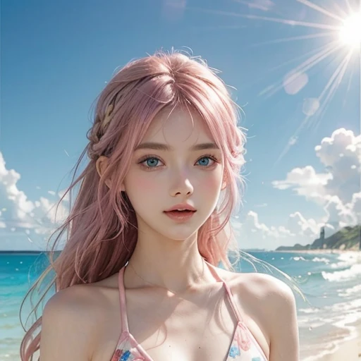 Light pink hair, blue eyes, blue sky, Vibrant colors, Colorful floral swimsuit 、splash, Light Racing, Wavy long hair、splash、Light of the sun、Braiding、Sandy Beach, alone