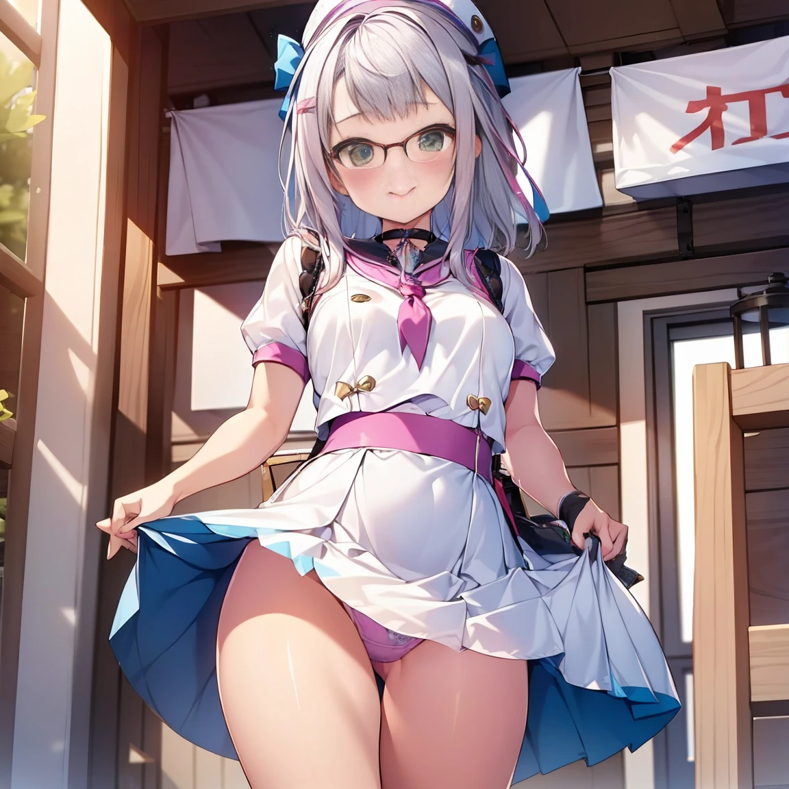 8K、masterpiece、Japanese、Woman wearing glasses、Neon(nod)、from the front、smile、Childish、Small breasts、See-through underwear、night、Bedroom、Show your underwear、mini skirt
