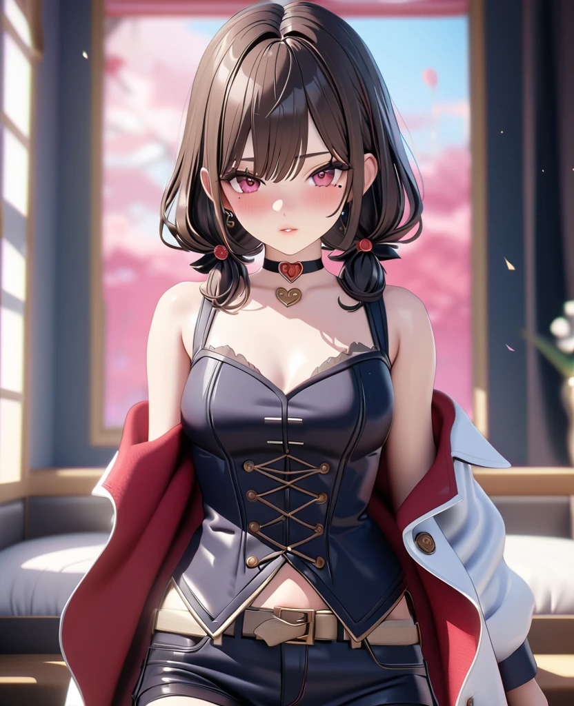masterpiece, best quality, highly detailed, high resolution, expensive resolution, high resolution, 4K, 8k, uniform 8k wallpaper, highly detailed CG, masterpiece, 2D, 3D, beautiful details, depth, fine texture, best quality: 1.3, perfectly focused, crispy. skin, him, cute anime 20s girl, her name is Mei, idol, expensive brown short twin tails, mole under eye, looking at the viewer, cowboy shorts, expensive, blush, mole, plump lips, heart, pink eyes, heart shaped choker
