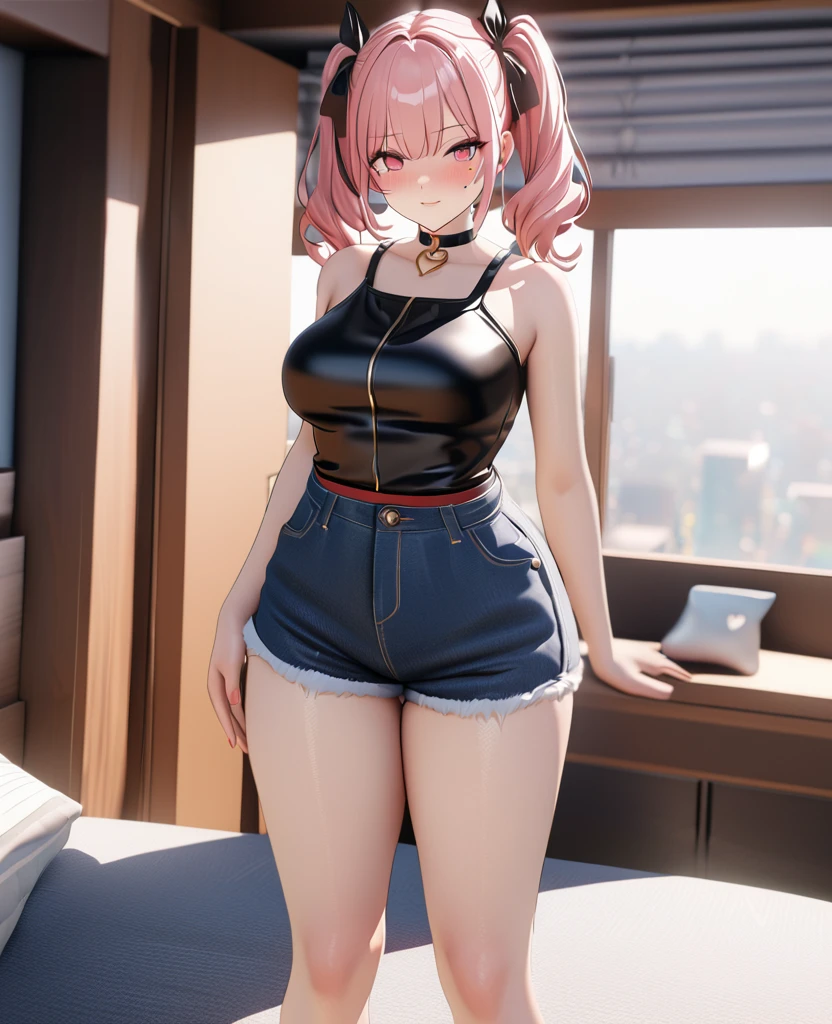 masterpiece, best quality, highly detailed, high resolution, expensive resolution, high resolution, 4K, 8k, uniform 8k wallpaper, highly detailed CG, masterpiece, 2D, 3D, beautiful details, depth, fine texture, best quality: 1.3, perfectly focused, crispy. skin, him, cute anime 20s girl, her name is Mei, idol, expensive brown short twin tails, mole under eye, looking at the viewer, cowboy shorts, expensive, blush, mole, plump lips, heart, pink eyes, heart shaped choker