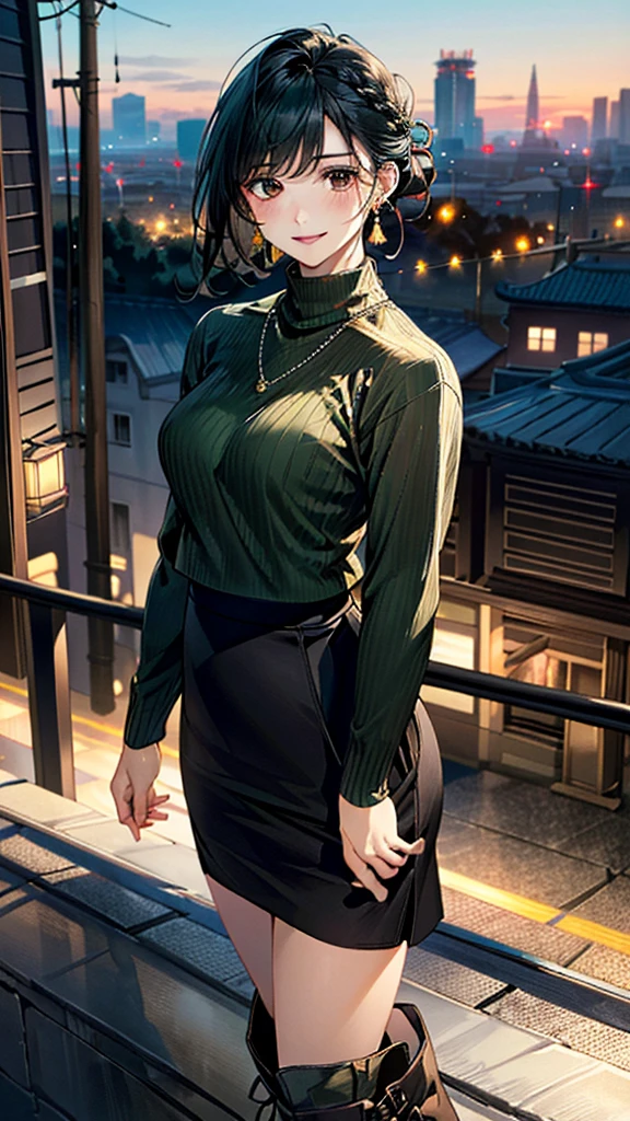 (masterpiece:1.3, Highest quality, Ultra-high resolution:1.2, Super detailed、8K), (Realistic, photoRealistic:1.4), Beautiful illustrations, Perfect lighting, colorful, Depth of written boundary, Beautiful detailed hair, Beautifully detailed face, Beautiful fine details, Droopy eyes、Beautiful clavicle, Beautiful body, 美しいLarge Breasts, Beautiful thighs, Beautiful feet, Beautiful fingers, View Viewer、Front view:0.6, Beauty1人, Japanese, Beauty、30 years old, Perfect Face, (Perfect Anatomy, Anatomically correct), Cute and symmetrical face, Baby Face, , Shiny skin, (Dark green long sleeve high neck sweater:1.4) 、(Long skirt、Wraparound skirt:1.5), (short boots:1.3)、(Black Hair, Updo Hair:1.4), braided bangs、Dark brown eyes, Large Breasts, Slim body, necklace, Small earrings:1.1, (Beautiful views), (night), (city, cityscape in the distance), Riverside、 A soft smile、(Smile, Lips parted),