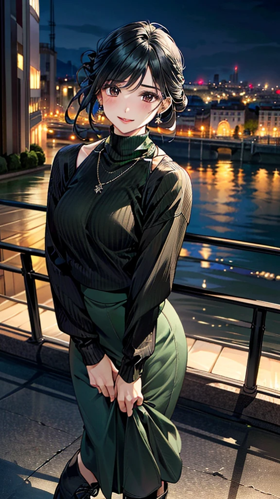 (masterpiece:1.3, Highest quality, Ultra-high resolution:1.2, Super detailed、8K), (Realistic, photoRealistic:1.4), Beautiful illustrations, Perfect lighting, colorful, Depth of written boundary, Beautiful detailed hair, Beautifully detailed face, Beautiful fine details, Droopy eyes、Beautiful clavicle, Beautiful body, 美しいLarge Breasts, Beautiful thighs, Beautiful feet, Beautiful fingers, View Viewer、Front view:0.6, Beauty1人, Japanese, Beauty、30 years old, Perfect Face, (Perfect Anatomy, Anatomically correct), Cute and symmetrical face, Baby Face, , Shiny skin, (Dark green long sleeve high neck sweater:1.4) 、(Long skirt、Wraparound skirt:1.5), (short boots:1.3)、(Black Hair, Updo Hair:1.4), braided bangs、Dark brown eyes, Large Breasts, Slim body, necklace, Small earrings:1.1, (Beautiful views), (night), (city, cityscape in the distance), Riverside、 A soft smile、(Smile, Lips parted),