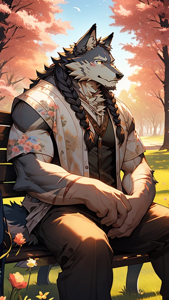 (masterpiece), (photorealistic:1.2), (1boy), (detailed face), (wolf male:1.3), (wolf ears), (wolf tail), (gray fur:1.2), (long white beard), (long white braided hair), (old), (aged), (retired), (calm expression), (peaceful eyes), (many scars), (scar on face), (scar on body), (sitting), (resting), (park), (bench), (trees), (grass), (flowers), (birds), (sunny day), (bright sunlight), (light atmosphere), (cinematic lighting)
