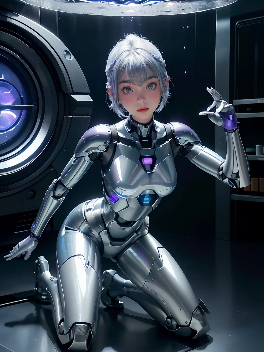 the best ever、8K,(((full body Esbian)))、(((The sheen)))、(((metalic)))、(((Very shiny、Very hard polished iron armor)))、(((cyberpunked)))、The cute beauty of the mecha(Best Quality, Detailed details, masutepiece, , 8K, Chiaroscuro，Great in good shape、Bust photos are ultra-realistic and realistic, Highly detailed Hasselblad RAW shooting )、(((Beautiful and shining natural eyes)))、(((Human skin type)))、（((Highly photorealistic human beings)))、(perfectly round eyes)、(((The details of the iris of the pupil are very amazing)))、(((Shining eyes)))、accurate fingers、Limbs without breakdowns、(((Face of Caucasian 10 year old girl)))、(((Very fair skin)))、Naturally closed mouth、Staring eyes、Natural body、(((a baby face)))、(((Caucasian cool high nose at the base)))、(((Skin types of humane Russian girls)))、(((Very cute female face)))、Feminine body、a small face、(((soft cheeks)))、Looking at the camera、Balanced face、(((drooing eyes)))、(((Beautiful drooping eyes)))、Body with human-like proportions、(((Slightly longer arms)))、(((Slightly longer arms)))、(((long neck)))、Normal shoulder width、((Long below the knee))、(rather long torso)、(((slightly larger hands)))、human face、(((Glowing blue-violet light blue silver hair)))、(((Cool and cute short-cut hair)))、(((The background is the future)))、(((8 Head Body)))、(((Luminescent light purple eyes)))、(((Thin thin silver eyebrows)))、(((Thin eyebrows)))、(((Looking at this)))、(((Gentle face)))、((Background Mecha))、bladerunner、((RoboCop))、Ghost in the Shell、tron、(((Space Detective Gavan)))、Swat、police officers、(((Night background)))、(((No makeup)))、(((Hollywood Science Fiction Movie Lighting))、(((5000 AD)))、Height 1cm、Leg length 82cm、the length of the head is 20 cm、Lung-hsin,Very subtlyＸan legs、(((Cool pose)))、evangerion、Ayanami、(((murky)))、(((Combat readiness)))、Attack Pose、cyborgs、Artificial human、（((Extremely elaborate joints)))、(((Light blue silver eyelashes)))、(((very thin eyebrows)))、(((very brightly colored eyebrows)))、Precise and precise five-finge