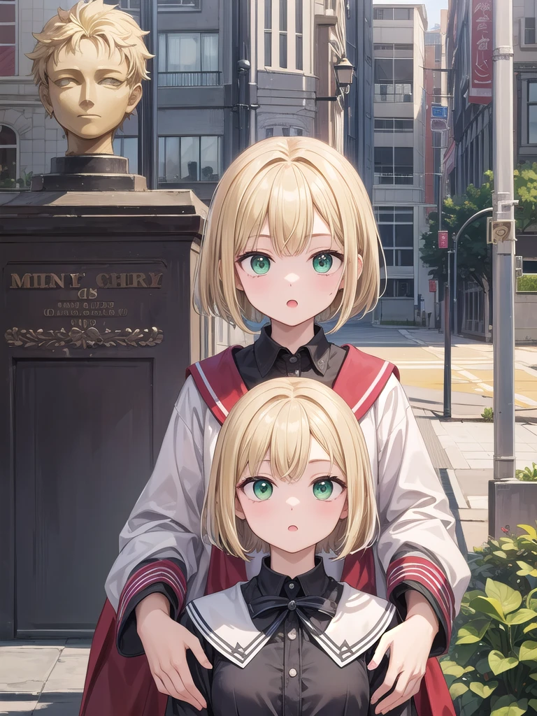 (masterpiece, Highest quality:1.2)、()、(high school student)、(Bu)、(Blonde Hair)、(Bob Hair)、(Green Eyes)、(Omi)