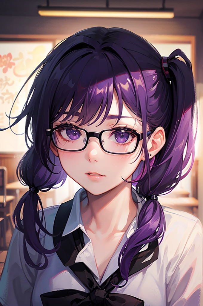 ８K, Highest quality, masterpiece, Ultra-detailed、Purple Hair、Medium hair　、side ponytail、side ponytail、full lips、Black Eyes、１８Year-old beauty、Portrait、School、、Japanese 、classroom、Random facial expressions、Wear glasses、high school girl