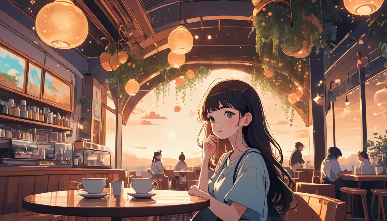 Cafe,Girl, Wide-angle lens, Lofi Anime, Lofi illustration, Aesthetic atmosphere, Lo-Fi Style, Vector art, Flat Design, Simple shape, Warm tones, Pleasant atmosphere, Chill, In anime style, Digital drawing, Vector art, Vector logo for t-shirt printing, (Adorable:1.5), (small:1.4), (Playful:1.2), (soft:1.3), (Whimsical:1.1), masterpiece, Highest quality, 8K, Intricate details, grow, Celestial, Mysterious, Picturesque, amazing, Majestic, Magic, Fantasy art, Cover art, dream-like
