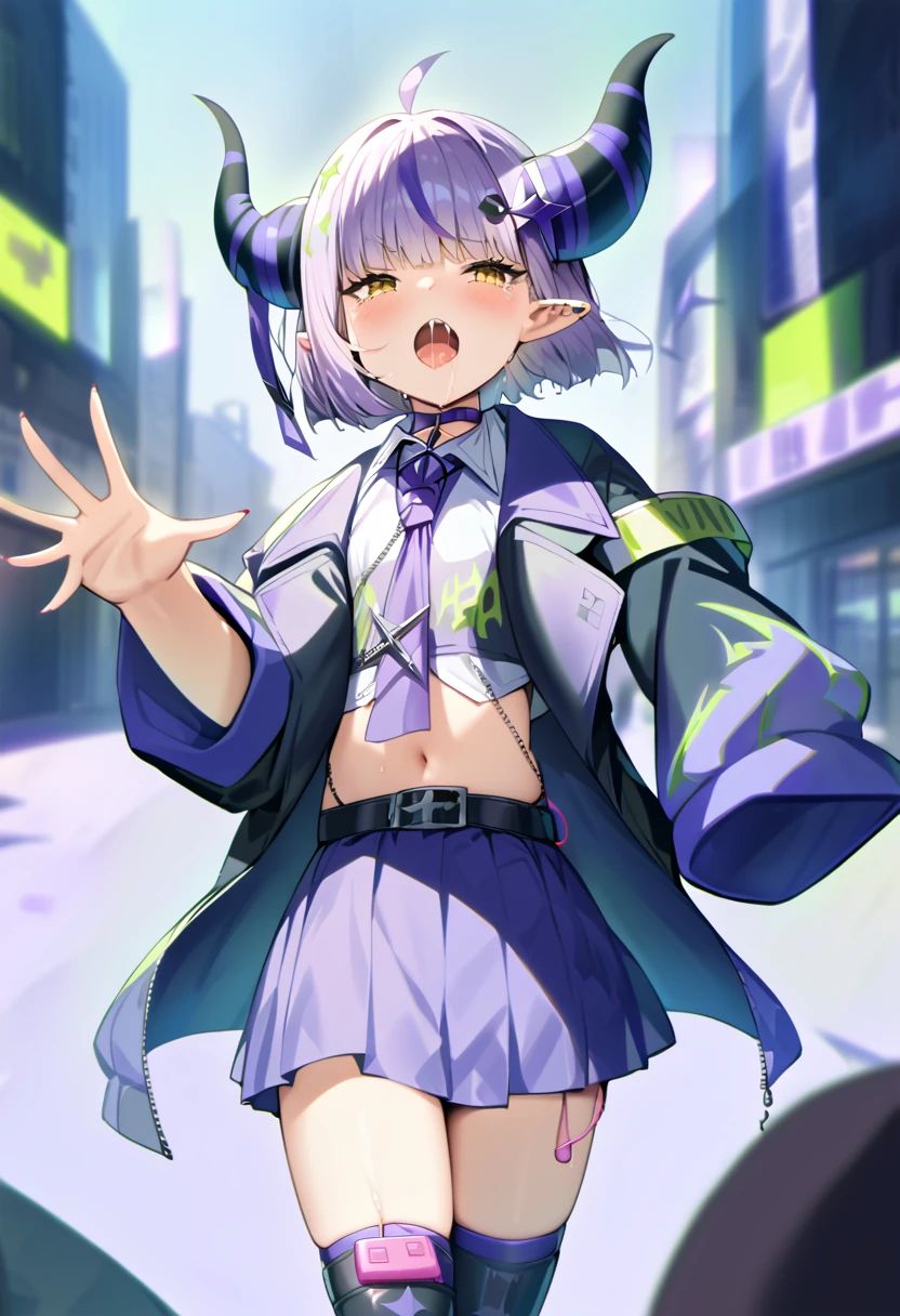 (throw_hand, pink vibrator remote switch in throw_hand, throw:1.2), Highest quality, Super detailed, masterpiece, Ultra-high resolution, 8K, Ridiculous, Cowboy Shooting, Blurred, One girl, Embarrassing, blush, Lovely, , With tears in her eyes and her mouth open, What saliva leaves behind, Wet skirt hem, Not wearing pants, Bulging of the vibrator cord, Vibrator with Garters, ,Squirting、,,Peeing、night、In the city with no one,NFSW+3rd
NFSW+ darknesss
pointy ears
yellow eyes
hair ornament
demon horns
ahoge
streaked hair
bNFSWck jacket
white shirt
cropped shirt
colNFSWred shirt
purple necktie
purple choker
purple skirt
bNFSWck belt
thigh boots
grey hair