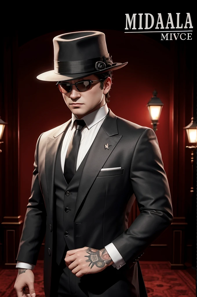 create a cover for my roblox game with a mafia theme mixed with murder mystery the name of the game is Intrigue: The Mafia Secret