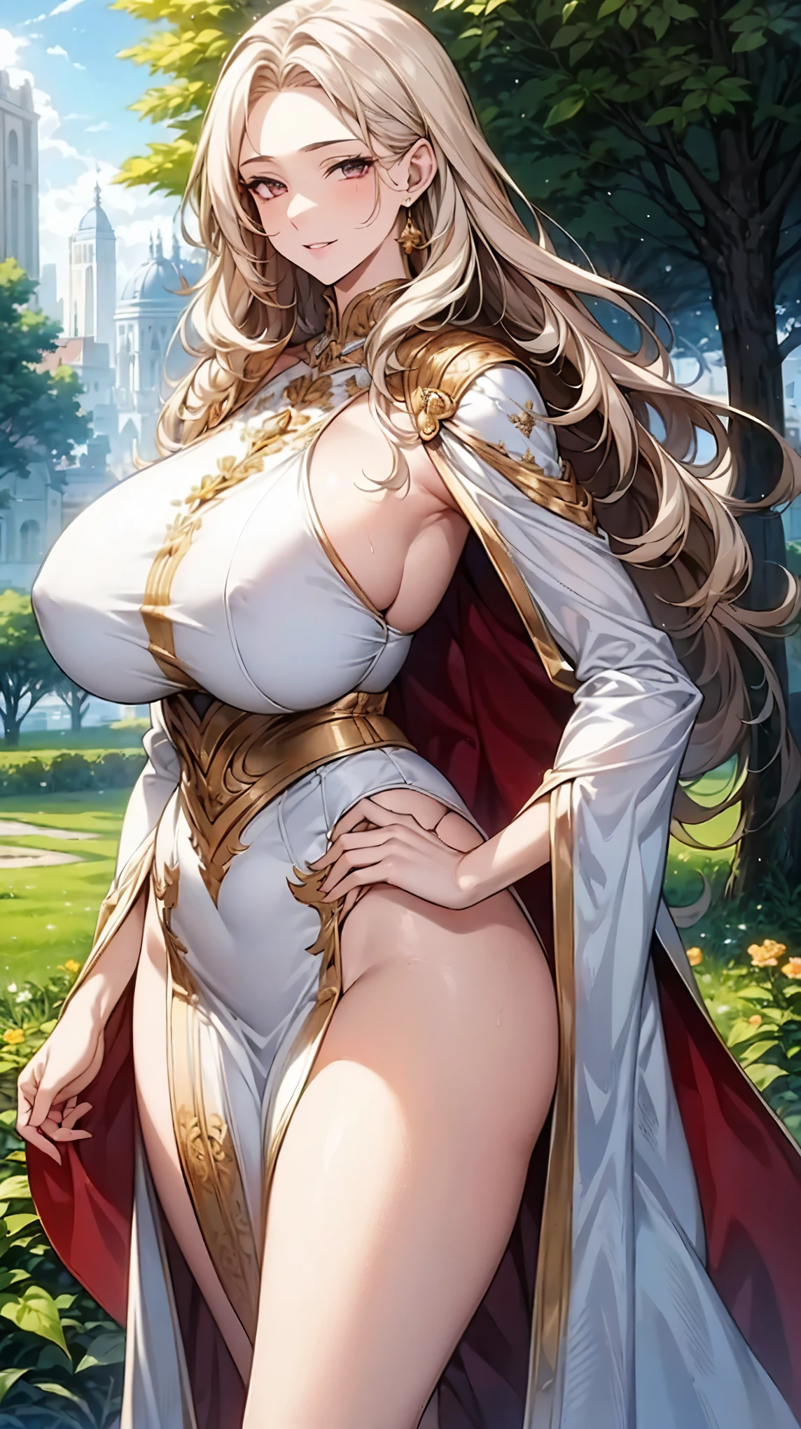 (masterpiece: 1.2), (best quality: 1.2) 1 woman, mature, tall (1.85), She looked to be about 30 years old, had long golden hair (gold), straight and shiny hair , silver eyes like moonlight, extremely detailed eyes, perfect eyes, extremely realistic eyes, well-aligned eyes, long eyelashes, anime style, perfect face, milf face, full lips, smiling, mature, fair skin, natural body, body sexy, milf body, perfect hands, detailed hands, hands well proportioned to the body, realistic hands, arms with good anatomy, she only wore an immaculate white dress that still couldn't hide her extremely large and huge breasts that were hanging down due to their size , thick thighs, wide hips , looking at the viewer, background setting, setting in a vegetable farm, vegetables in the background posing alone looking at the viewer