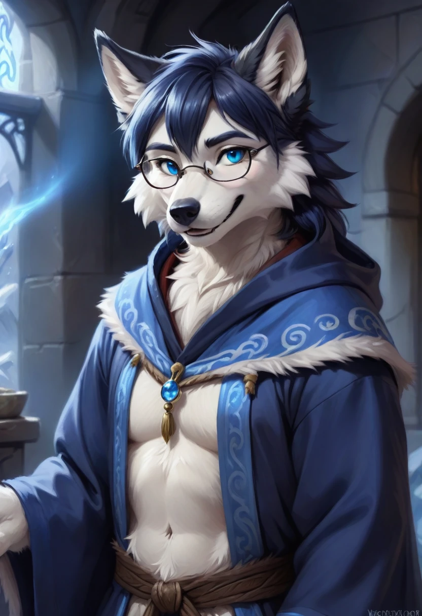 Wolf，male，Mage Clothing，robe，Blue and white fur，Glasses，Orcs，Orcs脸，delicate and pretty，Wolf脸，cute，Young，Introvert，精灵Wolf，Facial details，happy，Smile，Light blue ears，Dark blue bangs