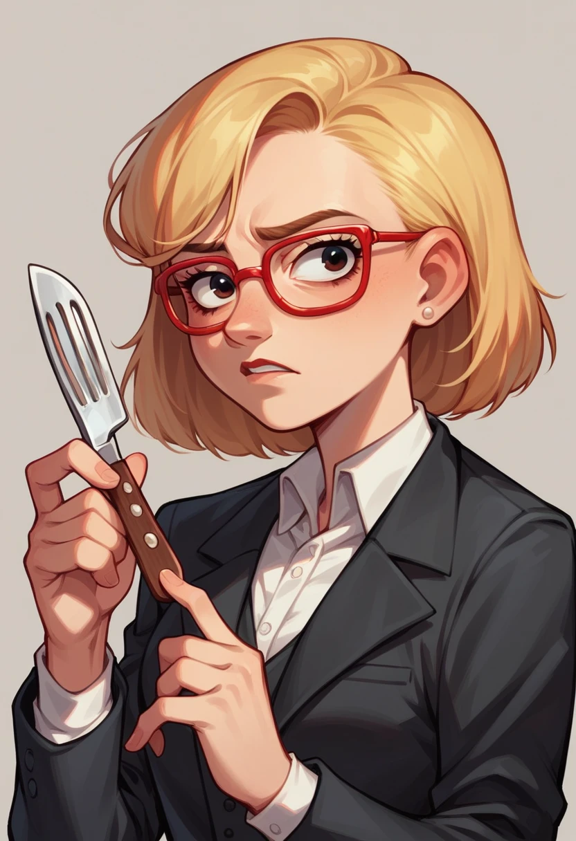 (avatar blonde woman), (only the bust), (Black Suit), (Red glasses), (fork and knife in hand), (Pixar-style image).