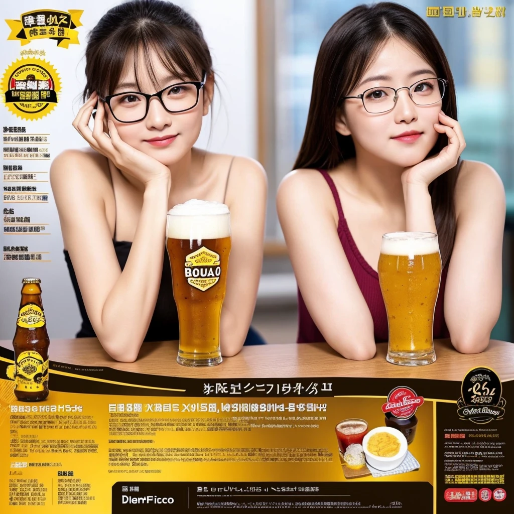 ((best quality)), ((masterpiece)), (detailed), 1girl, beer promotion flyer, 2glasses of beer