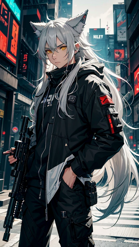 naughty man,
Half Wolf,
wolf's ears,
wolf tail,
long hair,
male,
A little high,
yellow  eyes,
hair grey,
He has a white sniper in his hand,
White Sniper,
Futuristic clothing,
future,
cyberpunk,
He has a white sniper,

