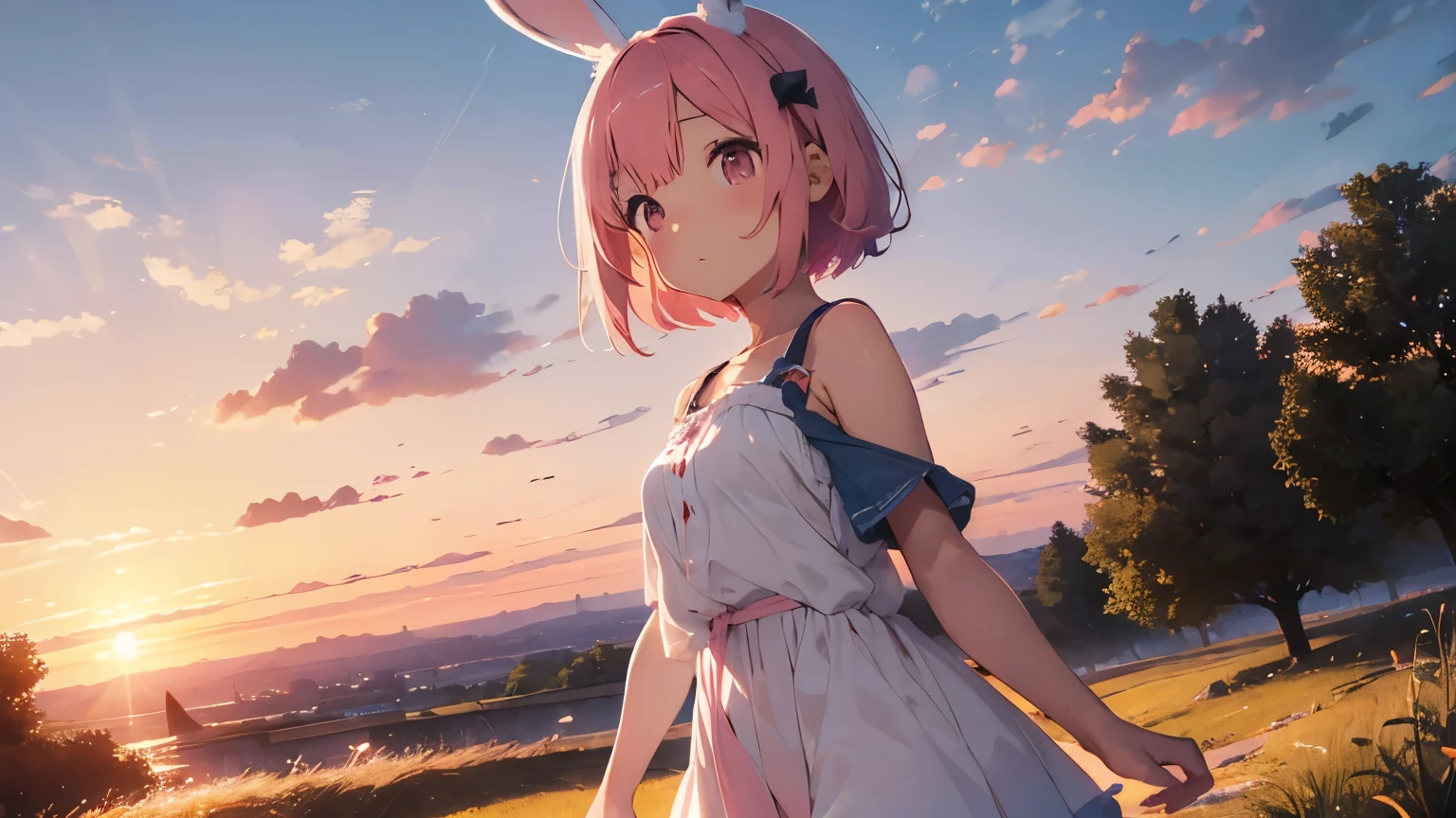 Beautiful landscape at sunset in summer,High Definition Cute Girl, Fluffy bunny ears, 25age,Pink short bob,Pale pink eyes