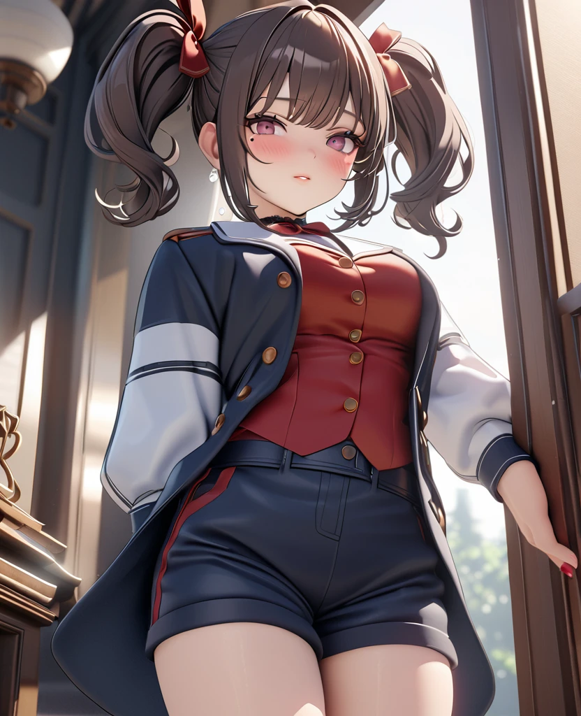 masterpiece, best quality, highly detailed, high resolution, expensive resolution, high resolution, 4K, 8k, uniform 8k wallpaper, highly detailed CG, masterpiece, 2D, 3D, beautiful details, depth, fine texture, best quality: 1.3, perfectly focused, crispy. skin, him, cute anime 20s girl, her name is Mei, idol, expensive brown short twin tails, mole under eye, looking at the viewer, cowboy shorts, expensive, blush, mole, plump lips, heart, pink eyes, heart shaped choker