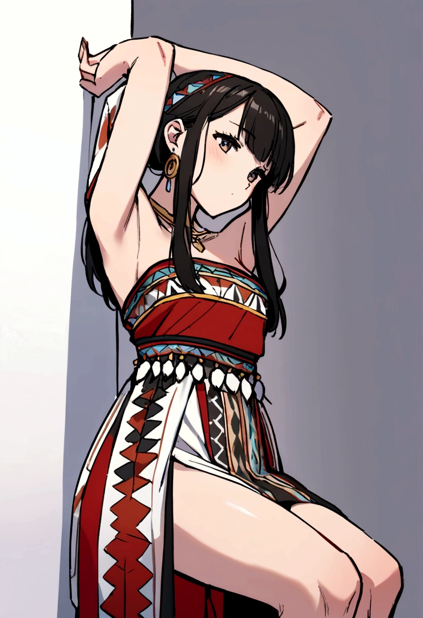 indigenous 18 years old, leaning against the wall, wearing indigenous sensual dress, with her arms up, stretching hands behind head