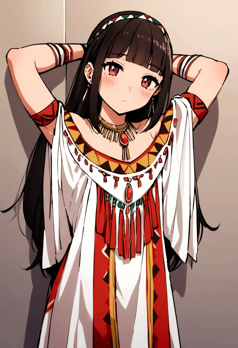 indigenous 18 years old, leaning against the wall, wearing indigenous sensual dress, with her arms up, stretching hands behind head