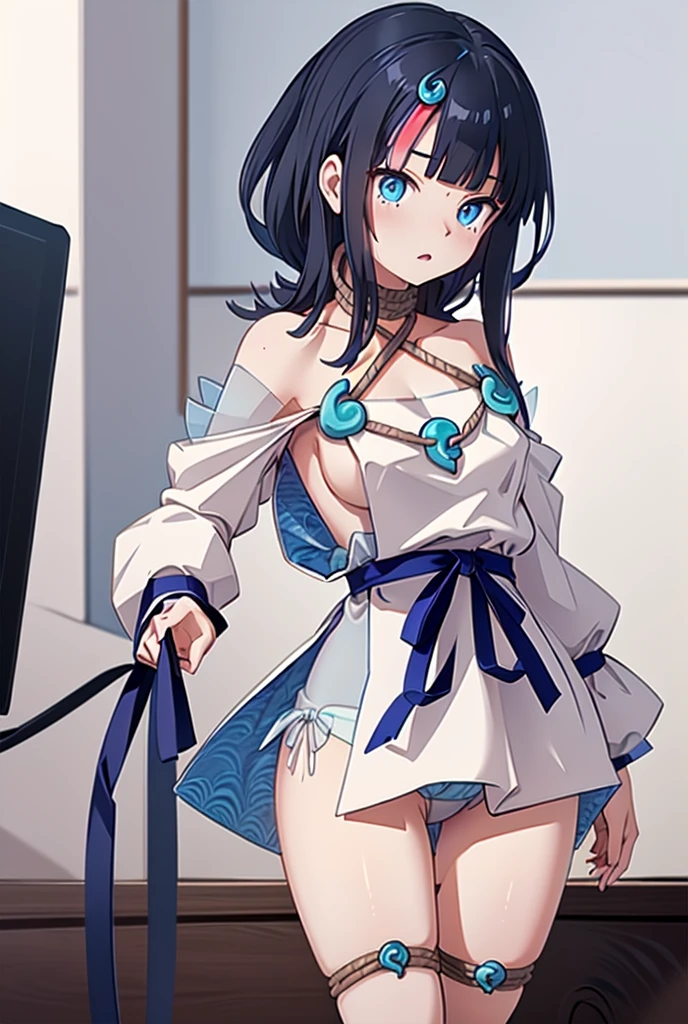 Blue Panties、Panties in full view、(masterpiece, best quality), 1girl, utsumiericeFA,long sleeves, bare shoulders, jewelry, puffy sleeves, necklace, white dress, streaked hair, short dress, blue ribbon, puffy long sleeves,magatama,