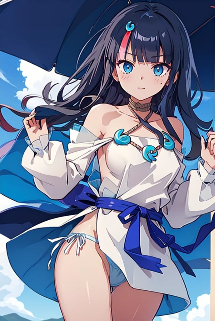 Blue Panties、Panties in full view、(masterpiece, best quality), 1girl,   utsumiericeFA,long sleeves, bare shoulders, jewelry, puffy sleeves, necklace, white dress, streaked hair, short dress, blue ribbon, puffy long sleeves,magatama,