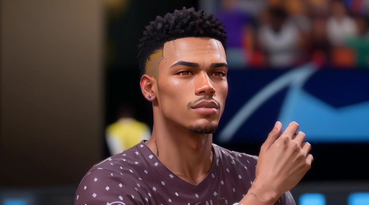 there is a man with a black hair and a brown shirt, hyper realistic content, ultra-realistic graphics, super realistic gritty, in style of tyler mitchell, with fully detailed faces, 2 k aesthetic, neymar in gta v, realistic graphics, neymar in fortnite, realistic skin color, added detail, 8k highly detailed face, 16k upscaled image