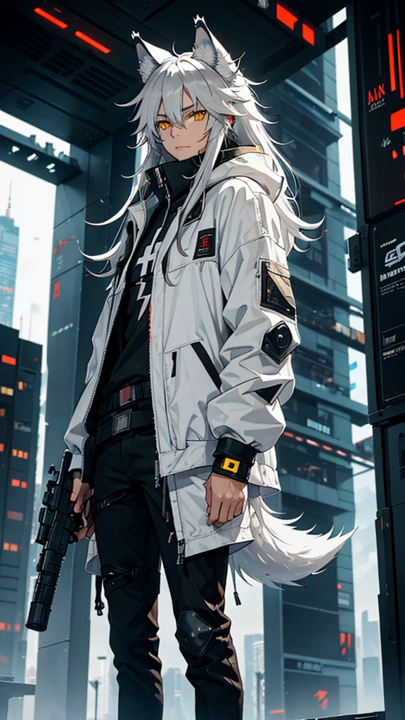 naughty man,
Half Wolf,
wolf's ears,
wolf tail,
long hair,
male,
A little high,
yellow eyes,
hair grey,
He has a white sniper in his hand,
White Sniper,
Futuristic clothing,
future,
cyberpunk,
He has a white sniper,