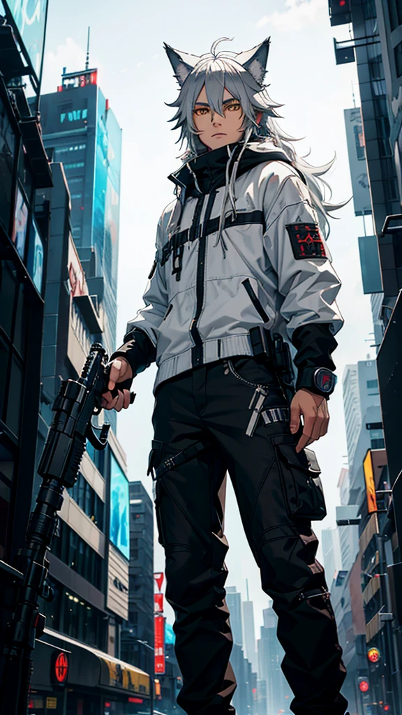 naughty man,
Half Wolf,
wolf's ears,
wolf tail,
long hair,
male,
A little high,
yellow  eyes,
hair grey,
He has a white sniper in his hand,
White Sniper,
Futuristic clothing,
future,
cyberpunk,
He has a white sniper,

