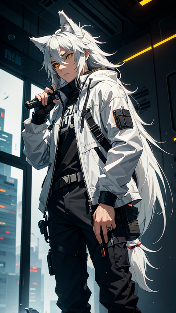 naughty man,
Half Wolf,
wolf's ears,
wolf tail,
long hair,
male,
A little high,
yellow eyes,
hair grey,
He has a white sniper in his hand,
White Sniper,
Futuristic clothing,
future,
cyberpunk,
He has a white sniper,