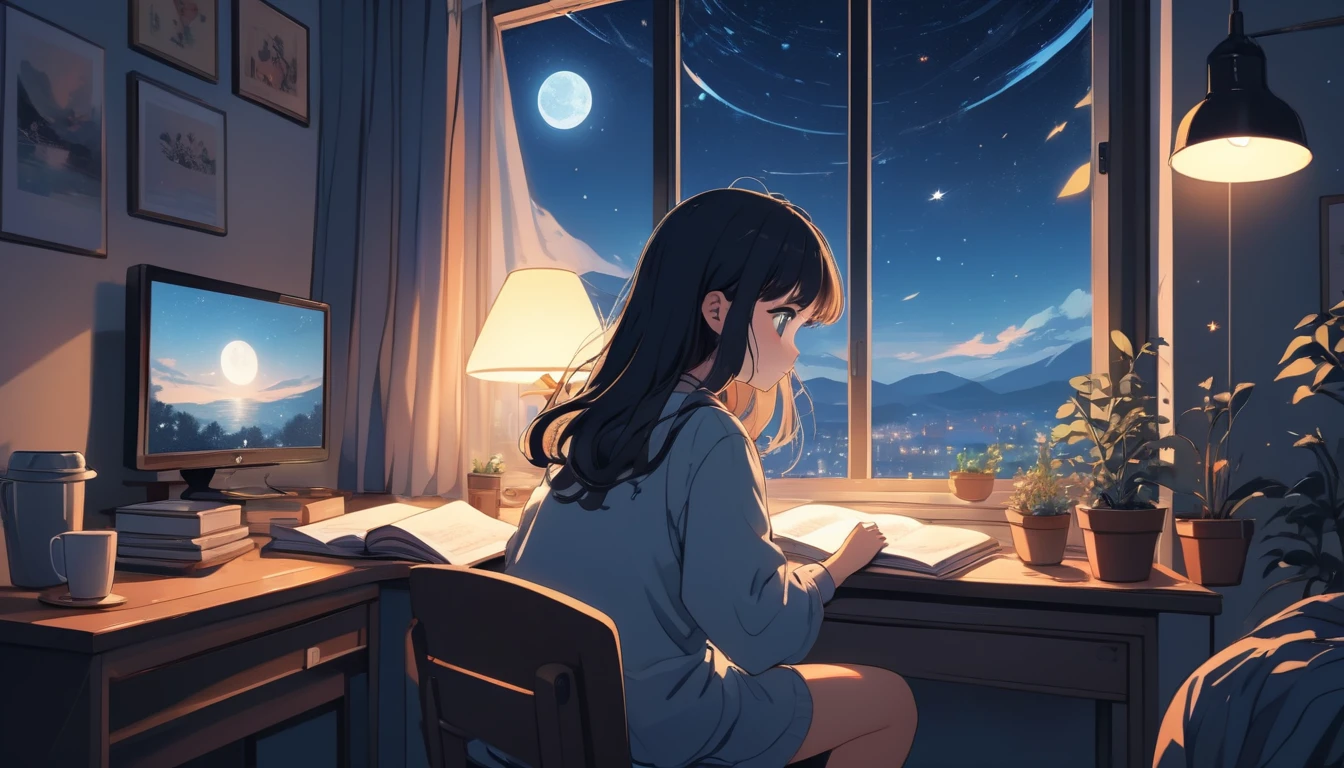 A girl studying、Computer and mug on the desk、Night outside the window, Wide-angle lens, Lofi Anime, Lofi illustration, Aesthetic atmosphere, Lo-Fi Style, Vector art, Flat Design, Simple shape, Warm tones, Pleasant atmosphere, Chill, In anime style, Digital drawing, Vector art, Vector logo for t-shirt printing, (Adorable:1.5), (small:1.4), (Playful:1.2), (soft:1.3), (Whimsical:1.1), masterpiece, Highest quality, 8K, Intricate details, grow, Celestial, Mysterious, Picturesque, amazing, Majestic, Magic, Fantasy art, Cover art, dream-like