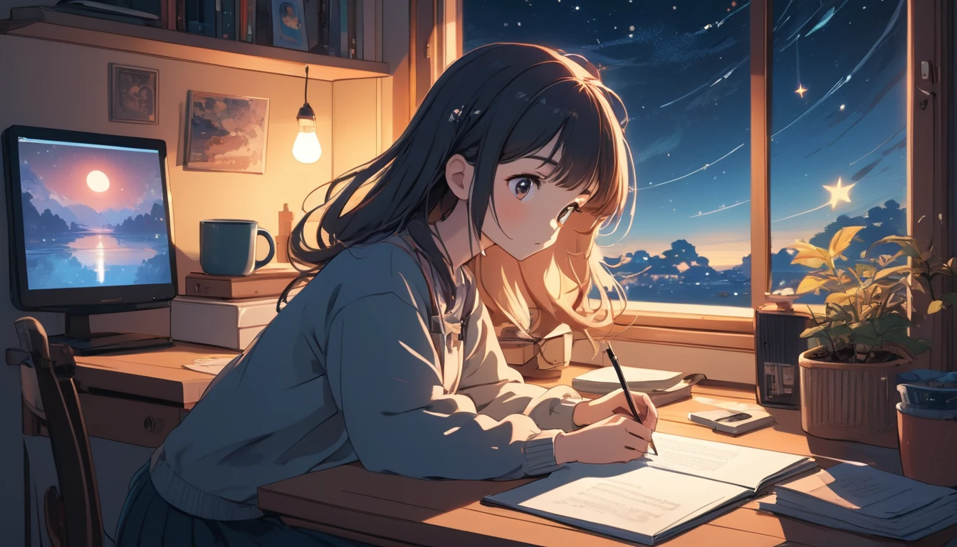 A girl studying、Computer and mug on the desk、Night outside the window, Wide-angle lens, Lofi Anime, Lofi illustration, Aesthetic atmosphere, Lo-Fi Style, Vector art, Flat Design, Simple shape, Warm tones, Pleasant atmosphere, Chill, In anime style, Digital drawing, Vector art, Vector logo for t-shirt printing, (Adorable:1.5), (small:1.4), (Playful:1.2), (soft:1.3), (Whimsical:1.1), masterpiece, Highest quality, 8K, Intricate details, grow, Celestial, Mysterious, Picturesque, amazing, Majestic, Magic, Fantasy art, Cover art, dream-like