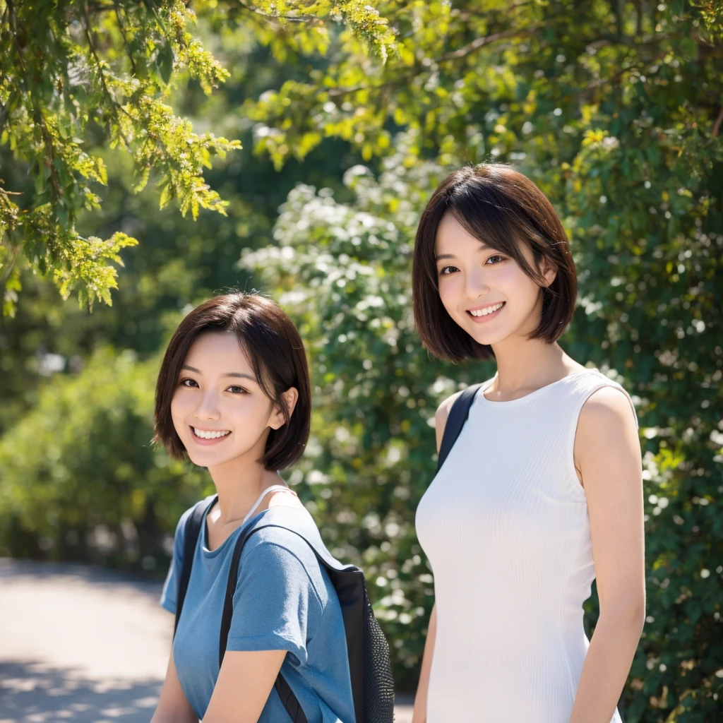 (Highest quality,masterpiece:1.3,Ultra-high resolution),(Very detailed,Caustics,8K),(Realistic:1.4,RAW shooting),25years old,,(I'm looking at the camera with a smile on my face)Hair、Soft sunlight,Natural light、Solo Snap、short hair、Brown Hair、Blue sky park