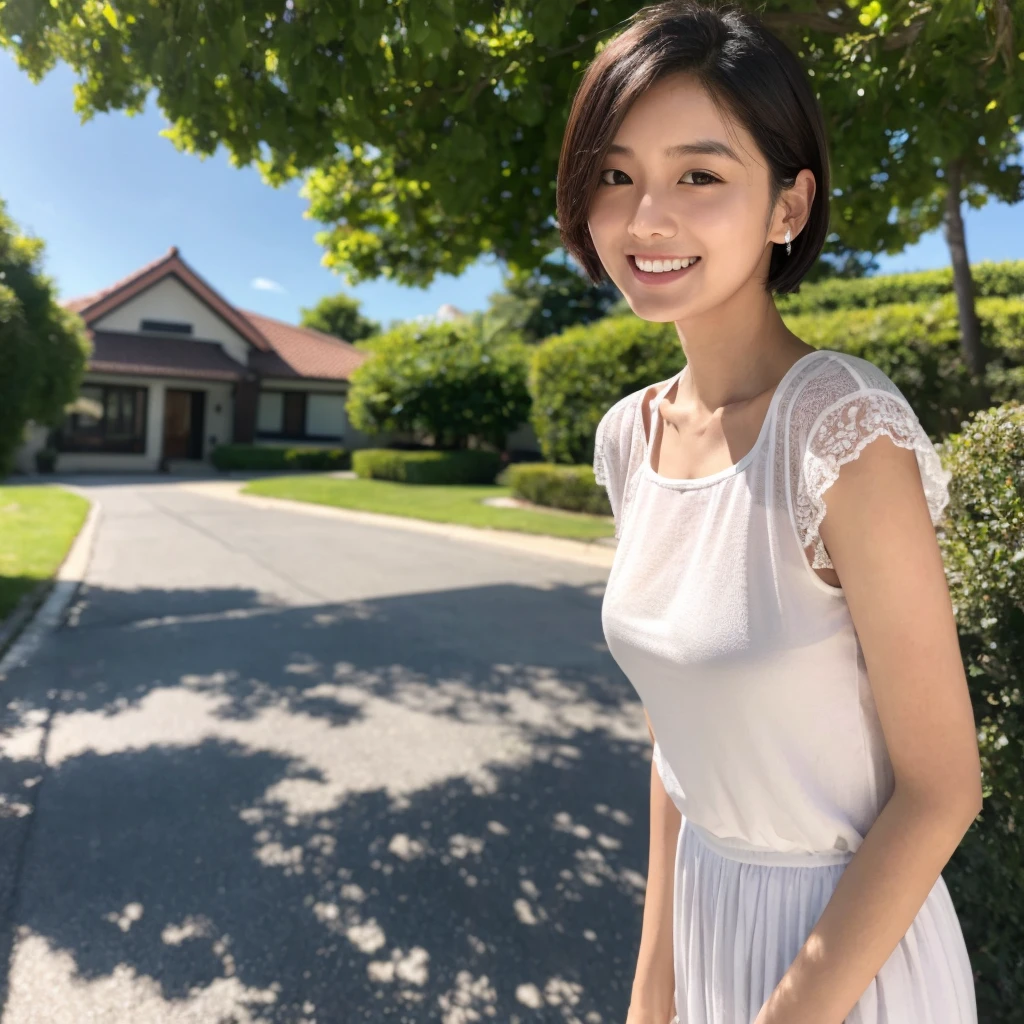 (Highest quality,masterpiece:1.3,Ultra-high resolution),(Very detailed,Caustics,8K),(Realistic:1.4,RAW shooting),25years old,,(I'm looking at the camera with a smile on my face)Hair、Soft sunlight,Natural light、Solo Snap、short hair、Brown Hair、Blue sky park