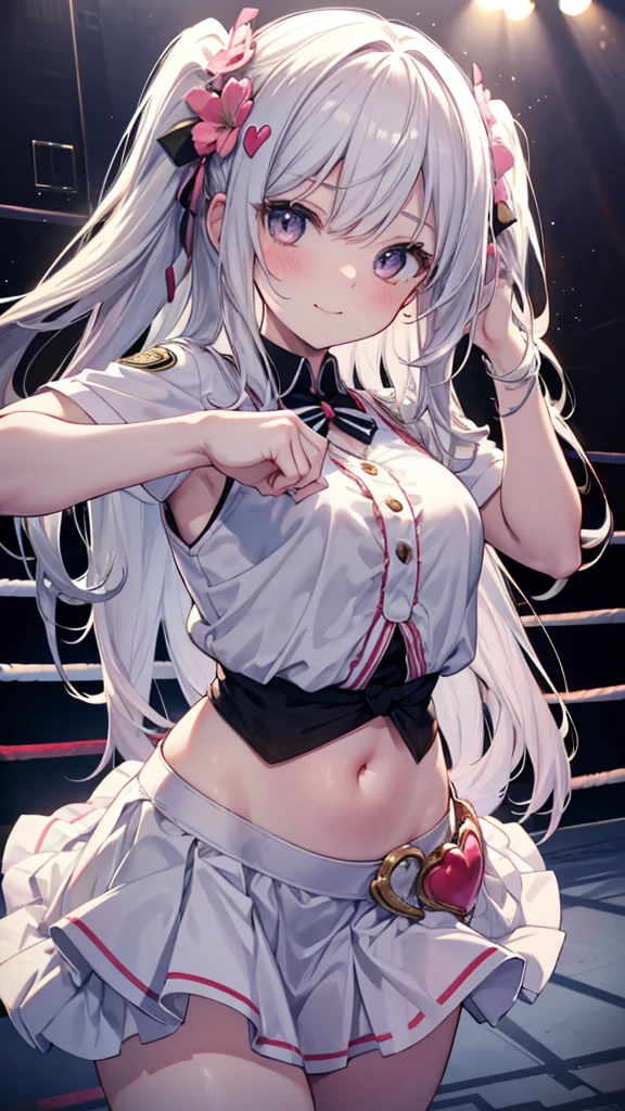 Cute girl with skirt belly punch in the corner of the ring,((masterpiece)),long hair,beautiful white skin、 ((charming))、happy smile、perfect proportions、(((Kickboxing)))、(((Mixed wrestling))), cute woman, baby face, BREAK source_anime, high detail, looking at viewer,POV, large chest, best quality, highly detailed, young face, white background,Droopy eyes, Calm face,A relaxed face,she attacks,frilly skirt,heart hair ornament