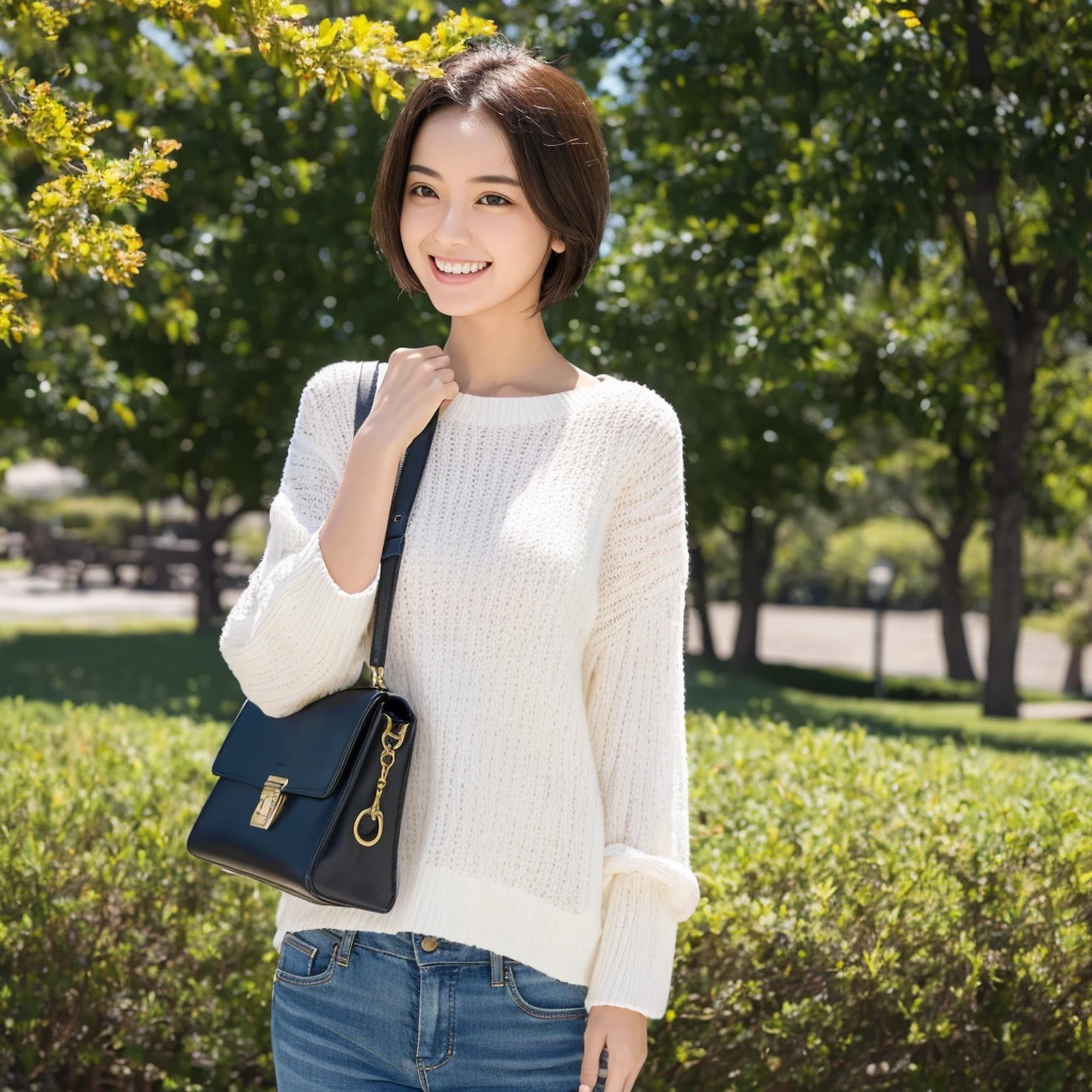 (Highest quality,masterpiece:1.3,Ultra-high resolution),(Very detailed,Caustics,8K),(Realistic:1.4,RAW shooting),25years old,,(I'm looking at the camera with a smile on my face)Hair、Soft sunlight,Natural light、Solo Snap、short hair、Brown Hair、Blue sky park