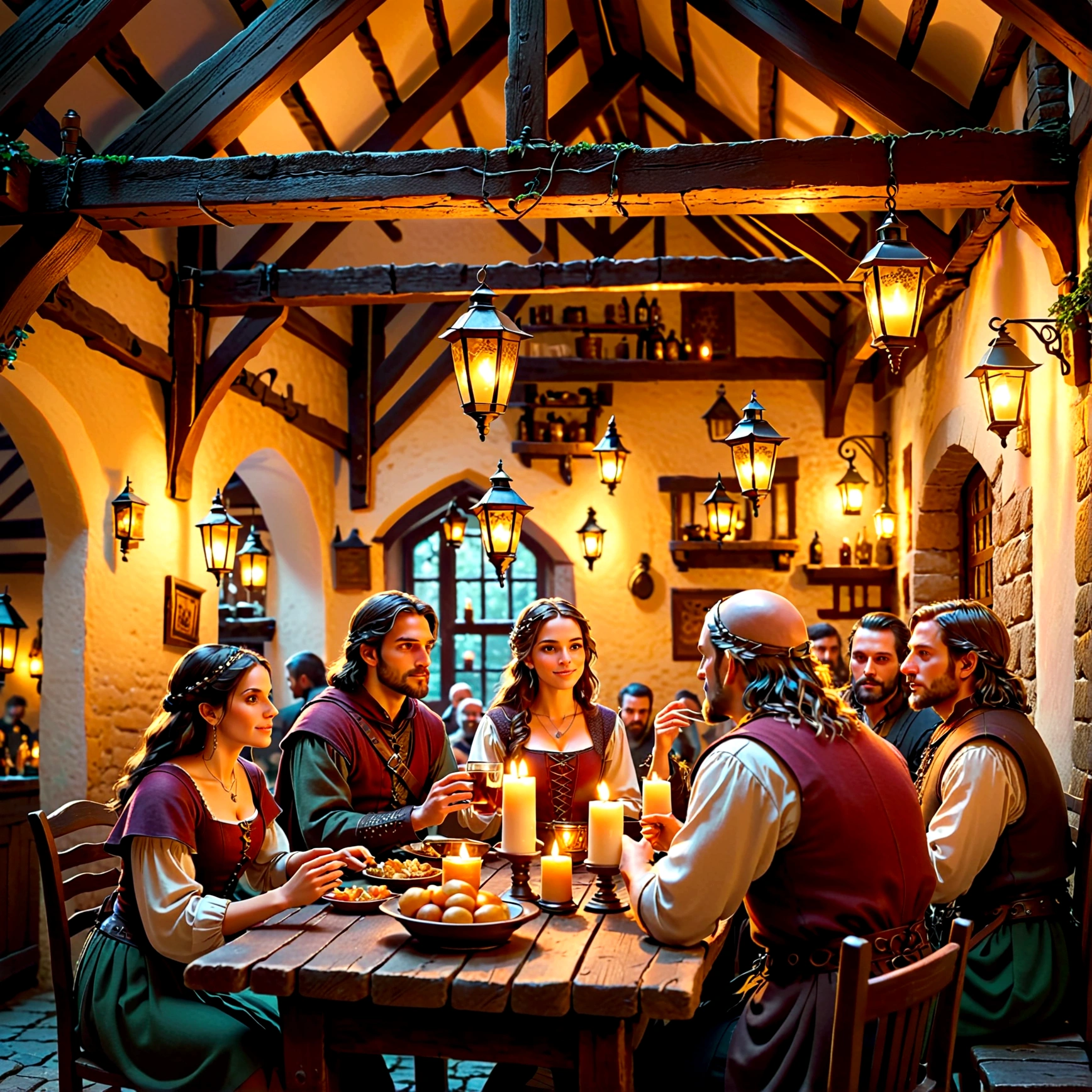 a medieval tavern, detailed interior, candles and lanterns, wooden beams and furniture, group of people drinking and eating, cozy atmosphere, warm lighting, detailed textures, realistic rendering, (best quality,4k,8k,highres,masterpiece:1.2),ultra-detailed,(realistic,photorealistic,photo-realistic:1.37),cinematic composition,dramatic lighting