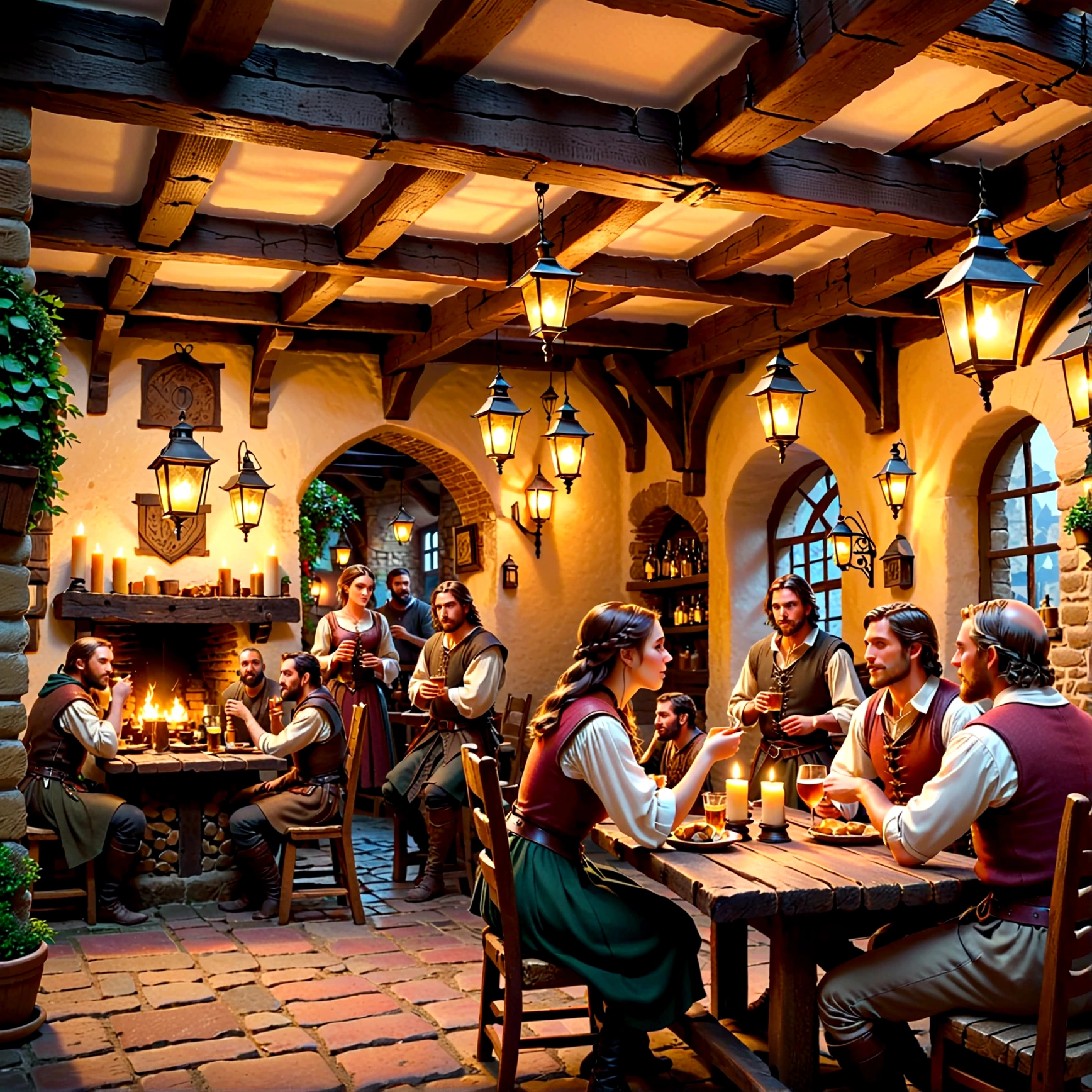 a medieval tavern, detailed interior, candles and lanterns, wooden beams and furniture, group of people drinking and eating, cozy atmosphere, warm lighting, detailed textures, realistic rendering, (best quality,4k,8k,highres,masterpiece:1.2),ultra-detailed,(realistic,photorealistic,photo-realistic:1.37),cinematic composition,dramatic lighting