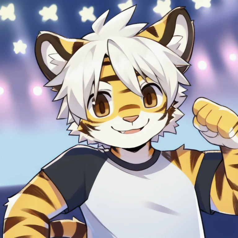 1 boy, White hair,Brown eyes,Tiger ears,Tiger Tail,Look at the audience with a smile,whole body,Wearing black short-sleeve