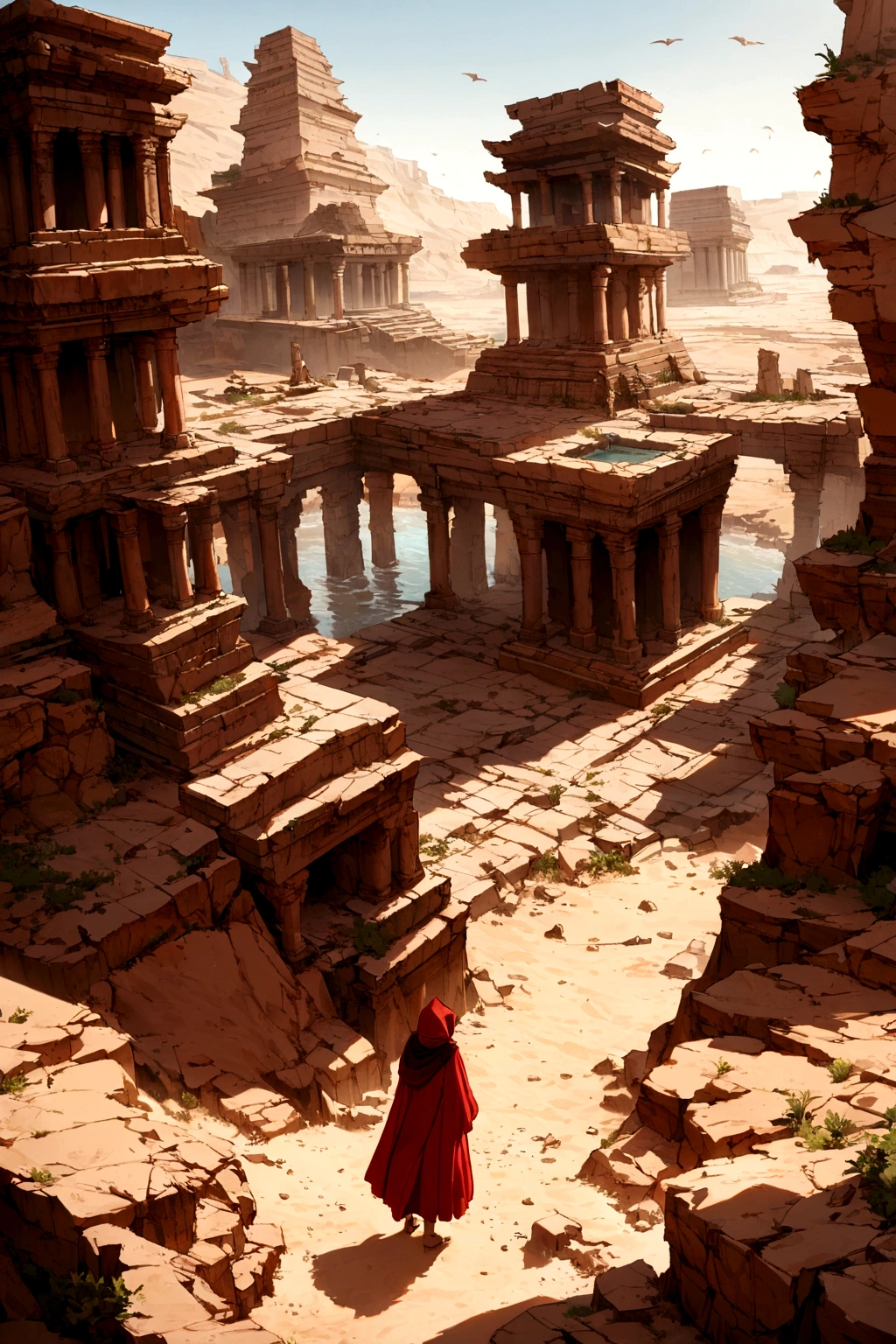 In a world after civilization has collapsed, A row of weathered ruins, Ruins of a submerged temple,Standing there,Red long dress, tight Red Hood, A lot of red clothes are flying in the air, desert sand, high quality, 8K