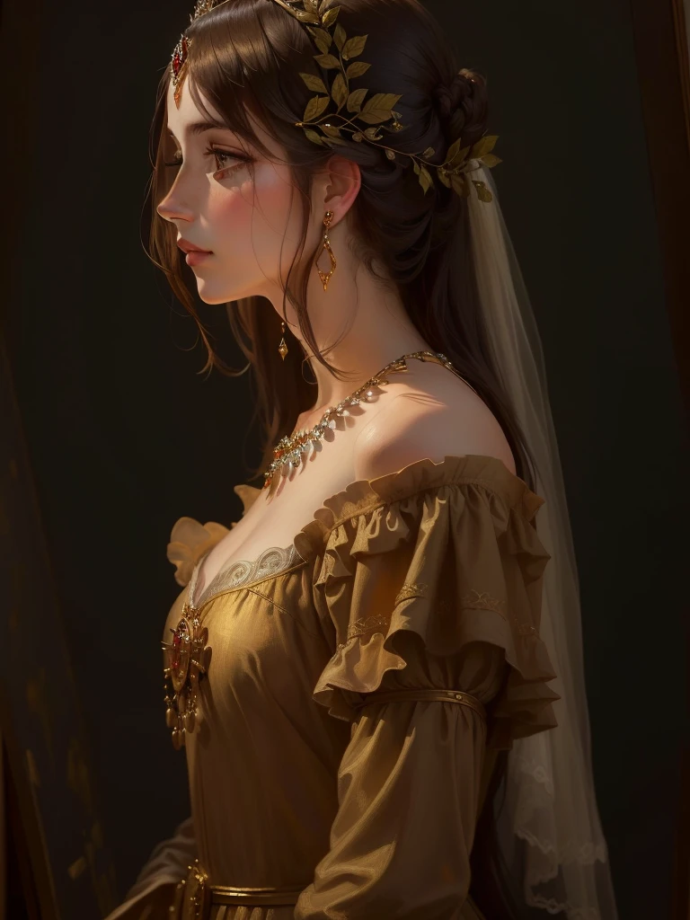 A painting of a woman in a brown dress with a tiara, Renaissance style, Renaissance style, European woman portrait, Renaissance portraits, Detailed portrait of a woman, Portrait of a Young Woman, By Domenico Quario the Younger, Renaissance style, female profile portrait, inspired By Domenico Quario the Younger, Oil painting, Define the nose