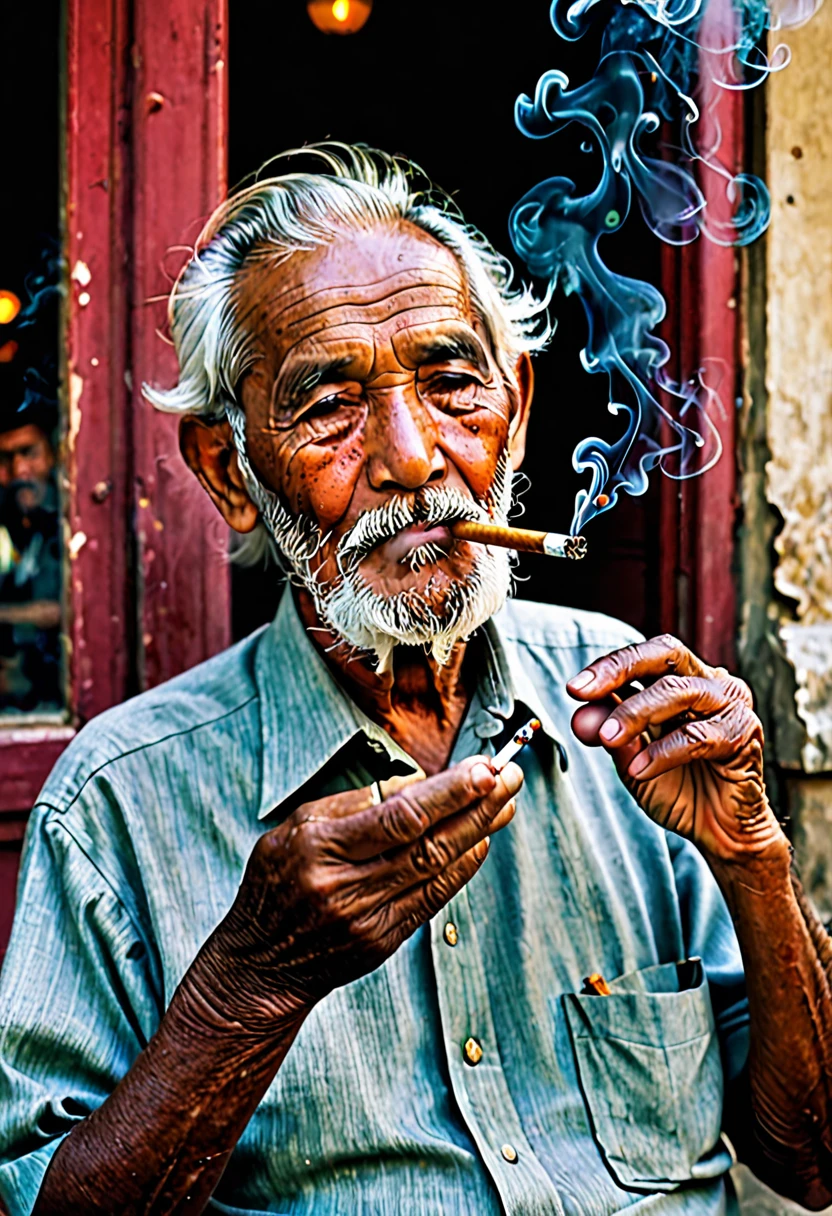 Pictures of an old man smoking