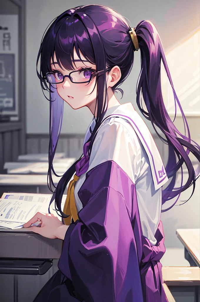 8K, Highest quality, masterpiece, Ultra-detailed、low ponytail、Purple Hair、Medium hair 、low ponytail、、full lips、Black Eyes、18Year-old beauty、Portrait、School、、Japanese 、classroom、Random facial expressions、Wear glasses、high school girl