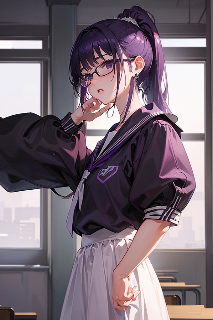 ８K, Highest quality, masterpiece, Ultra-detailed、low ponytail、Purple Hair、Medium hair　、low ponytail、、full lips、Black Eyes、１８Year-old beauty、Portrait、School、、Japanese 、classroom、Random facial expressions、Wear glasses、high school girl