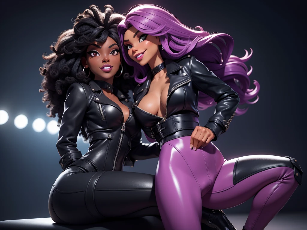 obra prima, melhor qualidade, ((harris faulkner, dark skin, bushy black afro style hair,)) head back, sassy wicked, open mouth, ((big teeth smile, shiny periwinkle lipstick,)) thick smoky black eye shadow, long fake eyelashes, sultry eyes, (cerulean blue leather jacket with bob shoulder,) biker jacket has stiff collar, leather blouse, magenta pvc skinny pants, studs zippers snaps, shiny leather gloves, nip slip, body is skinny, laying down hugging each other on sofa, shiny tight buttocks, arched back, mashing breasts, ((passionate kissing,)) camera view of whole body, looking up at me, shallow depth of field, highres, HD, 8k, anatomically correct