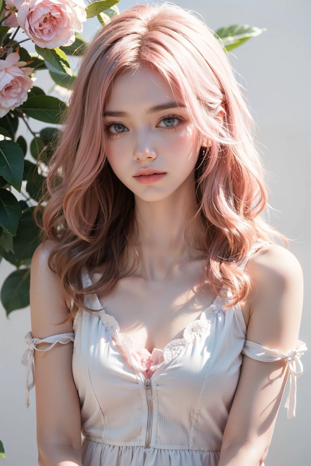 Light pink hair, Pink Eyes, Pink and white, Cherry leaves, Vibrant colors, White Dress, Paint splashes, Simple Background, Ray Tracing, Wavy Hair